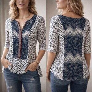 Anthropologie Akemi + Kin Ikat Paisley Floral Split Neck Top